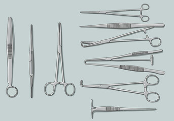Illustration of Various Stainless Steel Surgical Instruments on a Light Blue Background.