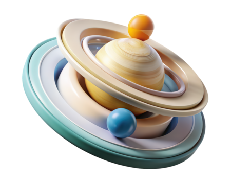 Abstract planetary system design with spheres and rings soft pastel colors 3d illustration isolated on transparent background