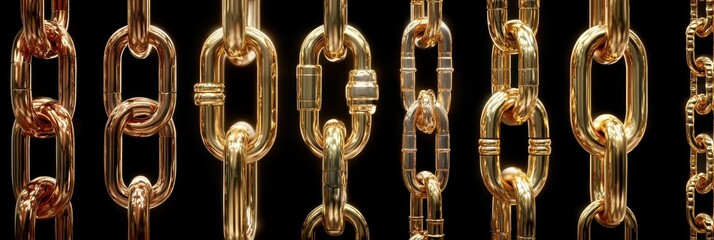 Collection of gold chains displayed against a black background showcasing various designs and textures of links