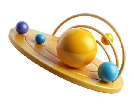 Abstract solar system with planets orbiting a sun shiny spheres and rings in yellow and blue 3d illustration isolated on transparent background