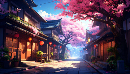 Obraz premium Cherry blossom street with traditional Japanese architecture under soft natural light and warm lantern glow, creating peaceful and enchanting fairytale atmosphere