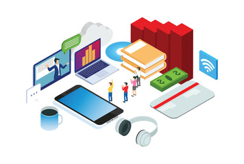 Fototapeta premium Modern Isometric Smart Office Work space Technology Illustration in White Isolated Background With People and Digital Related Asset