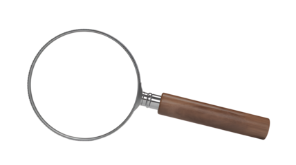 Magnifying glass with a wooden handle for investigation and detailed examination, searching for the truth concept