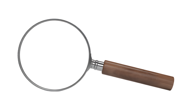 Magnifying glass with a wooden handle for investigation and detailed examination, searching for the truth concept