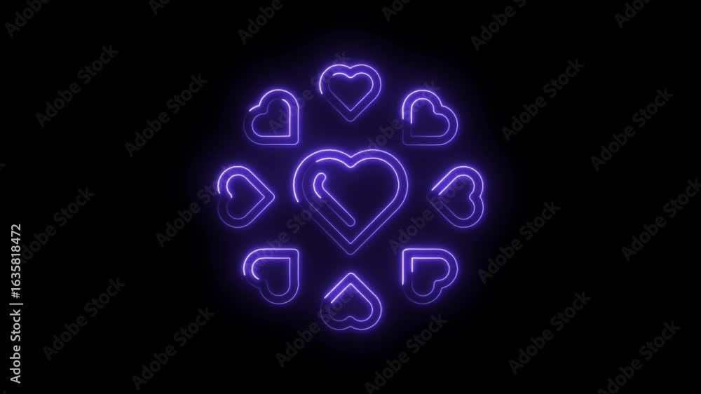 Poster glowing purple neon heart icons arranged in a circular pattern on a black background creating a vibr