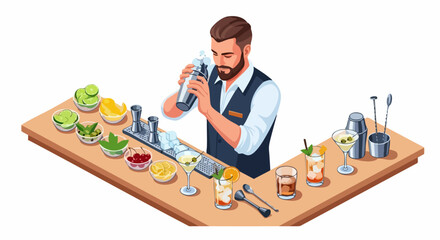 Bartender making cocktails behind a bar with fresh ingredients