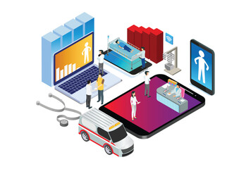 Modern Isometric Smart Health Care Hospital Network Technology Illustration in White Isolated Background With People and Digital Related Asset
