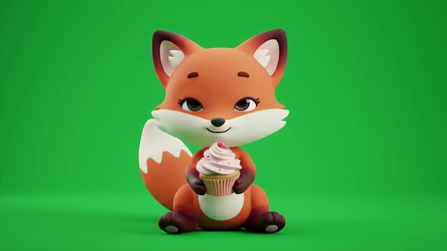 Charming 3D Animation of a Cute Fox Holding a Cupcake with Pastel Sprinkles Displayed Against a Vibrant Green Screen Background Perfect for Children's Content and Celebration Themes with Eye Level