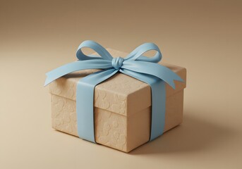 Obraz premium Festive Gift Box with Blue Ribbon Holiday Present, Celebration, Birthday Surprise, Kraft Paper Box, Wrapped Package.