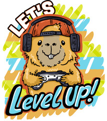 Gamer capybara character playing a video game with a controller and a headset. Funny mascot for an esports team, a streamer's channel, or a gaming blog. Cute cartoon illustration for geeks