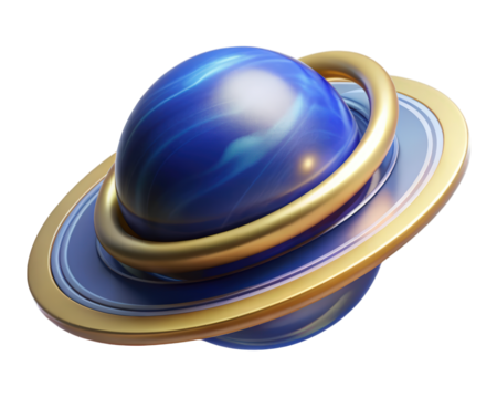 Blue saturn planet with golden rings orbiting on backdrop 3d illustration isolated on transparent background