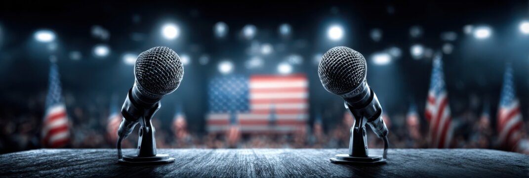 Mic stands await speakers at a political event with an American flag backdrop and audience in anticipation of the speeches - Powered by Adobe