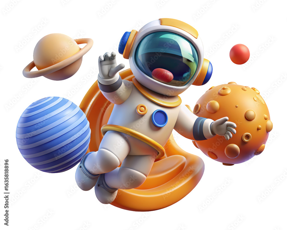 Aufkleber cartoon astronaut floating in space with planets and stars in a and playful composition 3d illustrat