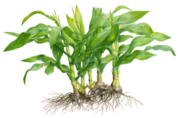 Corn stalks with vibrant leaves and exposed roots