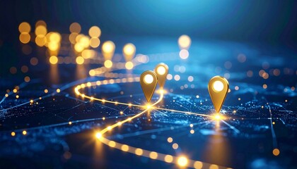 Technology roadmap illustration with golden pin pointers marking path on blue background with sparkles. infrastructure upgrades, software implementation, future innovations. 