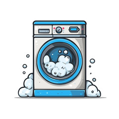 Cartoon washing machine overflowing with bubbles during a laundry day at home