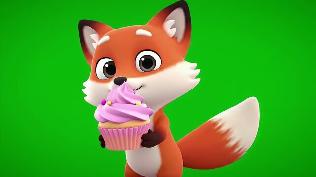 Adorable Cartoon Fox Character Isolated by Green Screen Holding Pink Cupcake Adorned with Sprinkles Perfect for Mascot and Decorative Elements Stock Animation and Illustration for Bakery