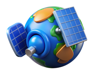 Cartoon earth satellite with solar panels orbiting planet environment renewable energy future technology3d illustration isolated on transparent background