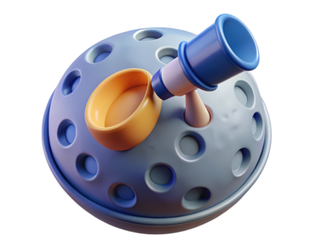 Cartoon moon with telescope and cup abstract surreal concept 3d illustration isolated on transparent background