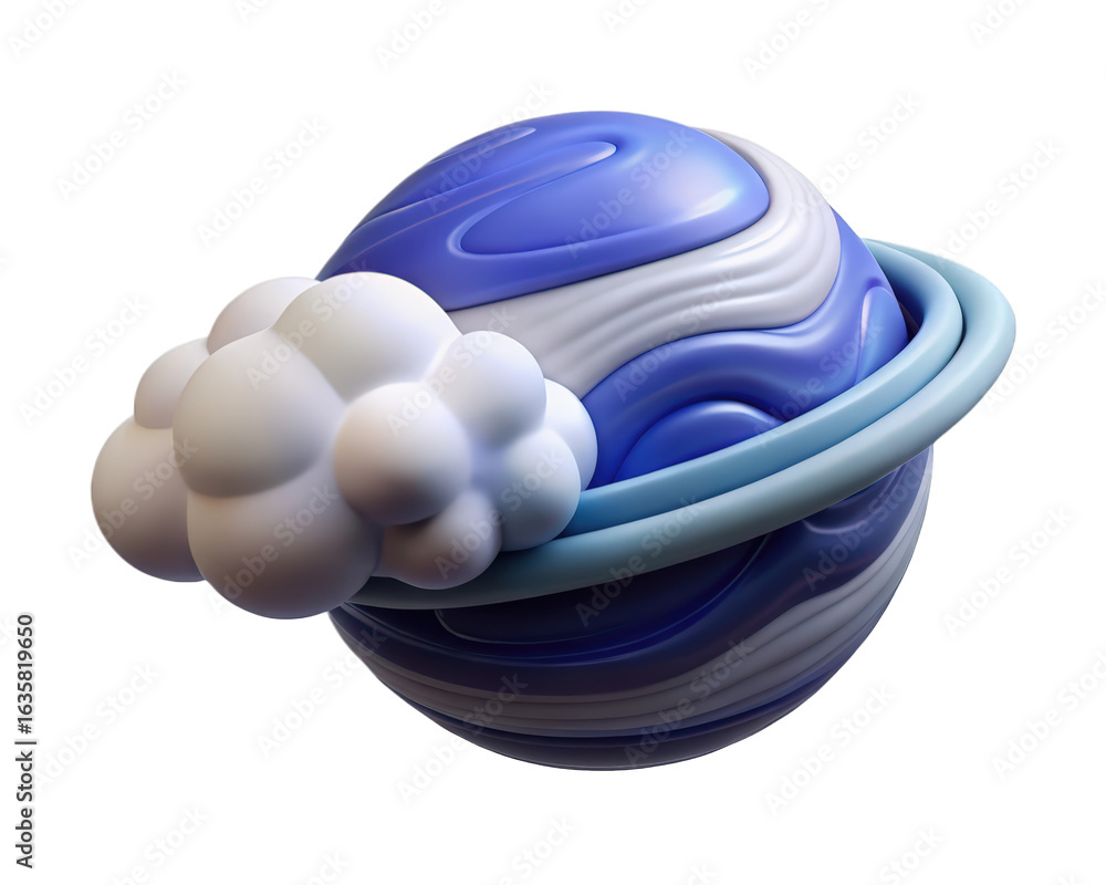 Poster cartoon planet with clouds and ring system globe design abstract rendering 3d illustration isolated 
