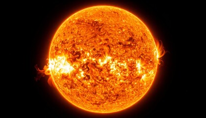 "Glowing image of the Sun with visible solar flares, prominences, and turbulent surface textures, showcasing dynamic stellar activity."