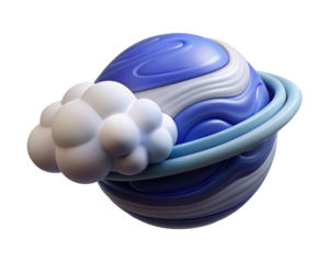 Cartoon planet with clouds and ring system globe design abstract rendering 3d illustration isolated on transparent background
