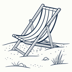 Vector art of line drawing of a striped deck chair on a sandy beach, evoking summer relaxation and seaside holidays