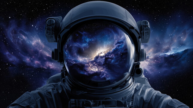 An astronaut calmly observing the starry expanse, vivid reflections of galaxies in the helmet visor, set against a glowing cosmic cloud of gas and distant starlight space hero, cel