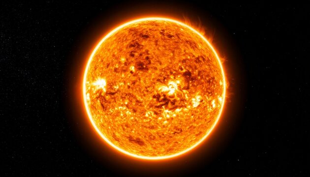 "Glowing image of the Sun with visible solar flares, prominences, and turbulent surface textures, showcasing dynamic stellar activity." - Powered by Adobe