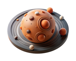 Cartoon planet with rings and satellites artistic planetary system space exploration 3d illustration isolated on transparent background