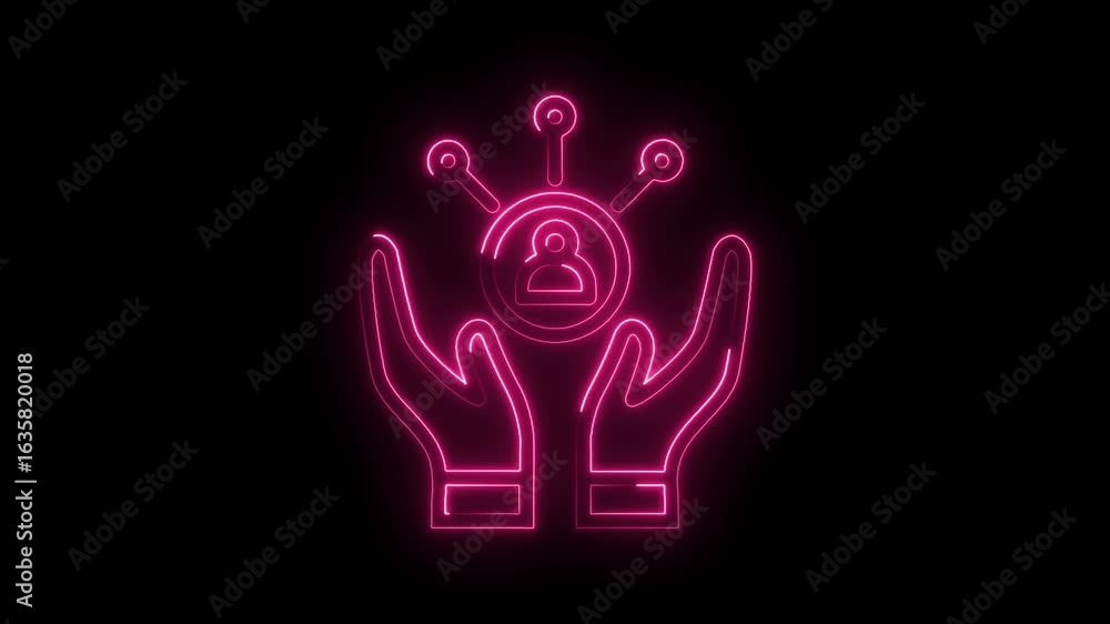 Poster glowing neon pink icon representing community network connection and user support with abstract hand