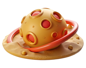 Cartoon planet with rings on sandy surface isolated 3d illustration isolated on transparent background