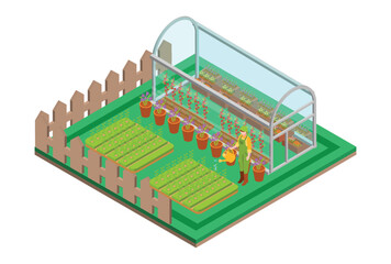 Isometric greenhouse with glass walls, foundations, gable roof, garden bed. Mass farm for growing plants. Suitable for Diagrams, Infographics, Book Illustration, Game Asset, And Other Graphic Related 