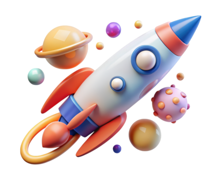 Cartoon rocket ship orbiting planets on background 3d illustration isolated on transparent background