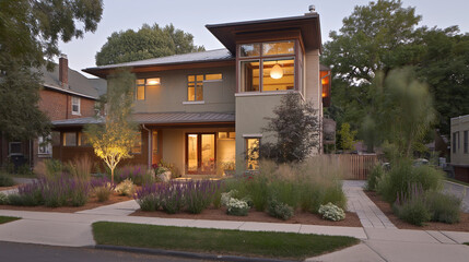 Contemporary house at dusk with warm interior lights, peaceful residential setting and soft focus.