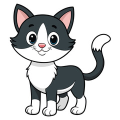 Vector art of cute cartoon black and white tuxedo kitten smiling, isolated on white background