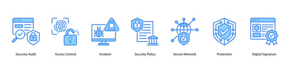 Access and Incident Management web banner icon vector illustration featuring Security Audit, Access Control, Incident, Security Policy, Secure Network, Protection, and Digital Signature.