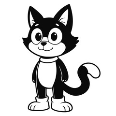 Vector art of cute cartoon black and white cat wearing glasses and a scarf, isolated on white background
