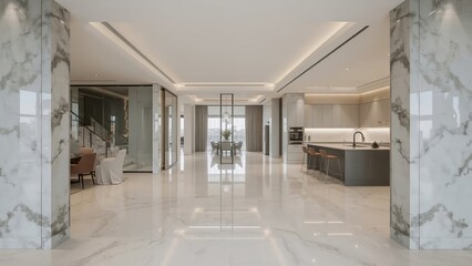 Luxurious modern open floor plan interior design with marble accents showcasing kitchen dining area and staircase