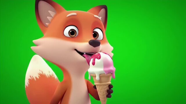 Animated Cartoon Fox Licking Strawberry and Vanilla Ice Cream Cone Isolated By Green Screen Background for Children's Content and Education Media Production stock animation
