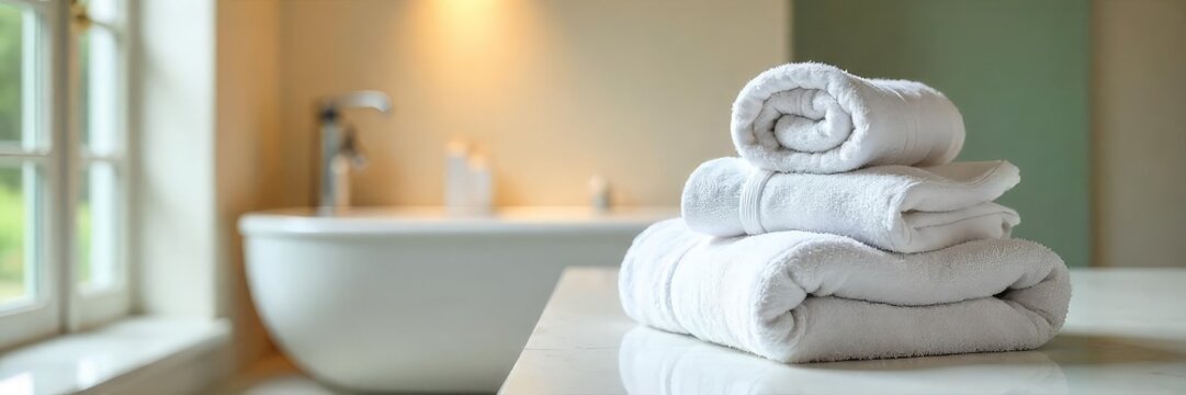 A neatly stacked pile of clean, fluffy bath towels in a bright, modern bathroom Perfect for spa, hotel, or home d?cor imagery Relaxing and serene ambiance , texture, cleanliness, pile