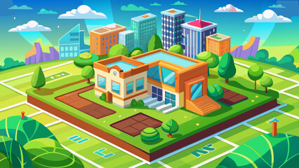 Fototapeta premium Land plot management - real estate concept with a vacant land on a green field available for building construction in a residential area against an imaginary cadastral 
