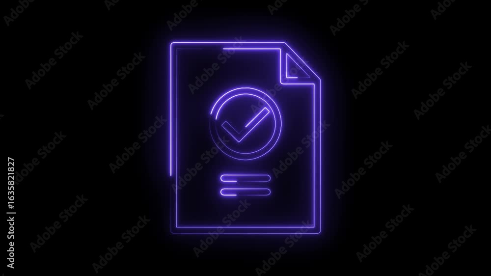 Poster glowing neon purple document icon with checkmark symbol and abstract lines on transparent black back