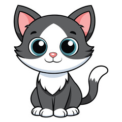 Vector art of cute cartoon kitten with big blue eyes, sitting and looking forward, isolated on white background