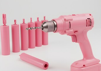 Pink Drill with Drill Bits and Cylinders, Hardware Tools Concept DIY, Construction, Crafting.