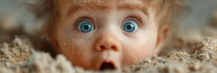 Baby with wide eyes and sandy face experiencing surprise at the beach during sunny day