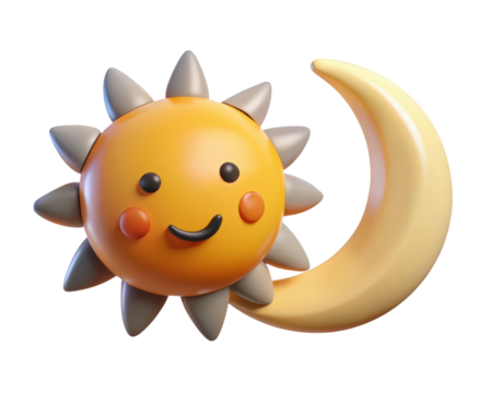 Cute cartoon smiling sun and moon character design bright colors isolated weather illustration 3d illustration isolated on transparent background