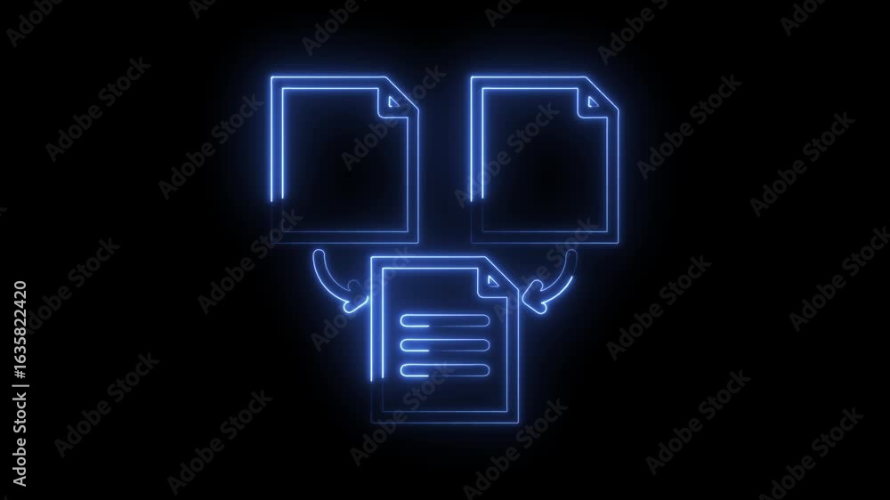 Poster glowing blue neon document icon animation representing data transfer merging information digital pro