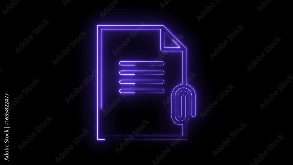 Poster glowing neon document icon with paperclip attachment abstract futuristic design element on black bac