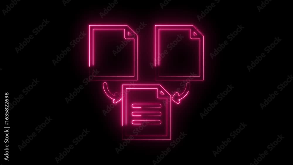 Poster glowing neon pink document icon with arrows indicating data transfer or connection between files on 